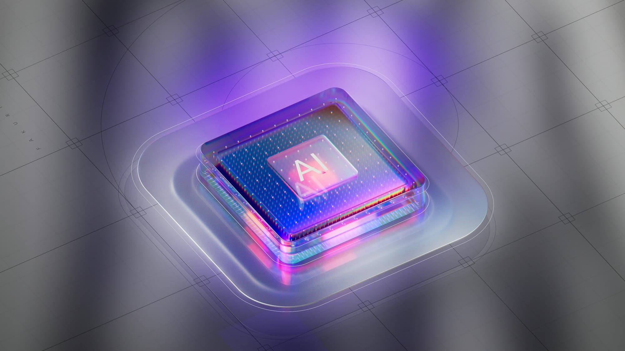 Ett glödande datorchip märkt AI i lila ljus