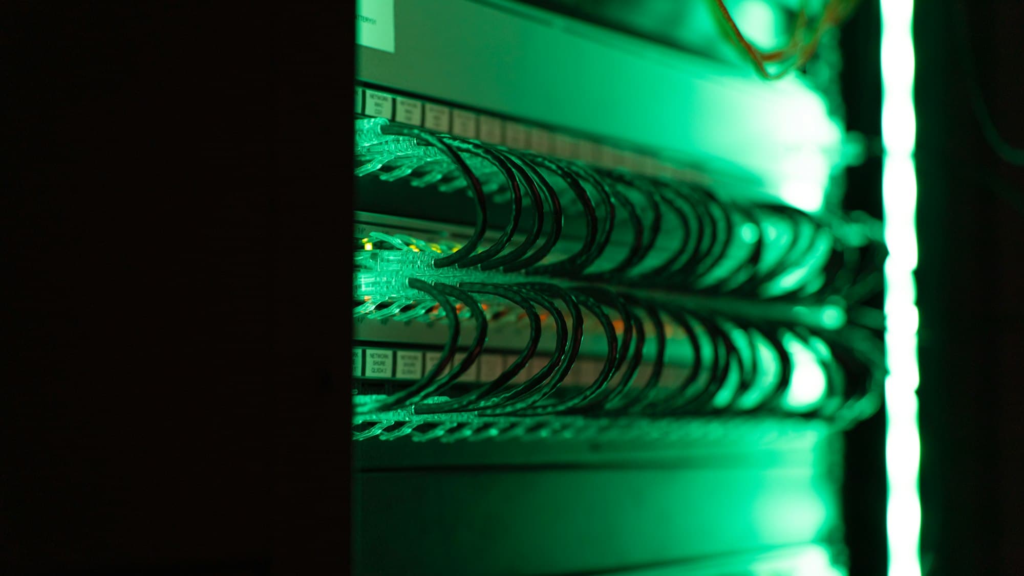 Kablar i ett serverrack i grönt ljus