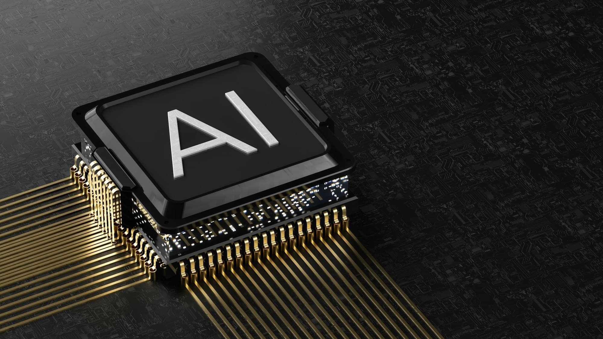 Ett processorchip märkt AI med guldfärgade ben